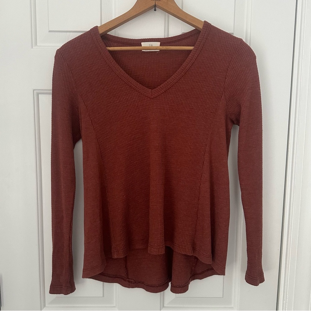 Anthropologie T.la V-Neck Long Sleeve Top Waffle Print Rust Brown High Liw Sz XS